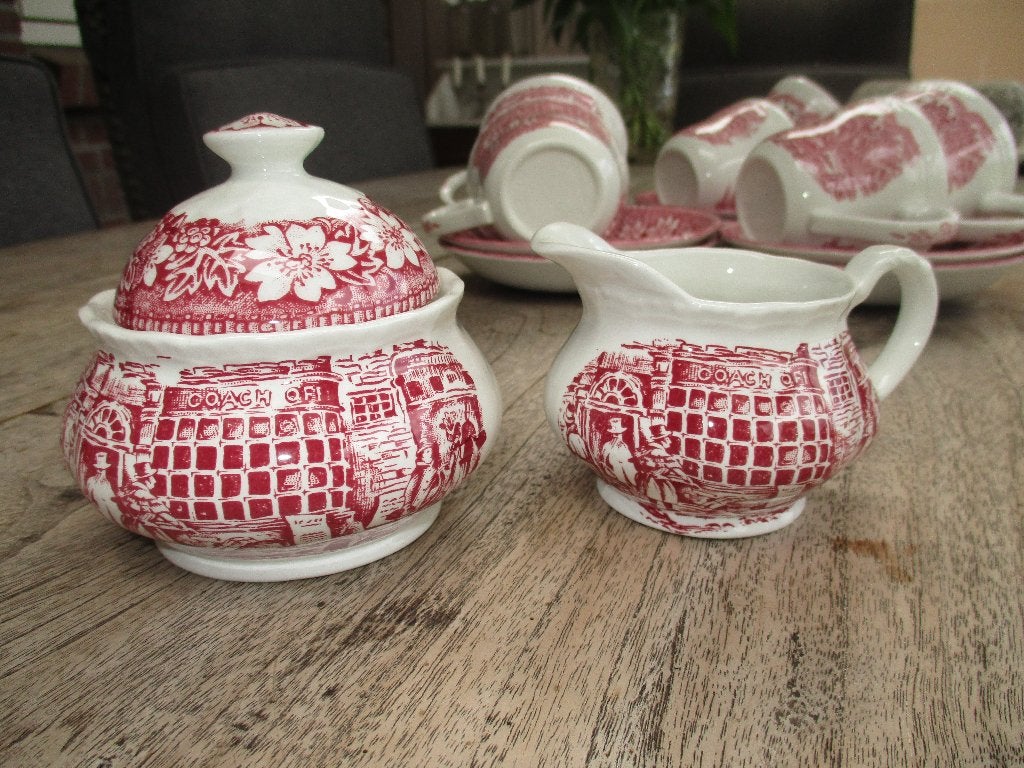 Coaching Taverne roze (rood pink) roomstel, Antiek en Kunst, Antiek | Servies los, Ophalen of Verzenden