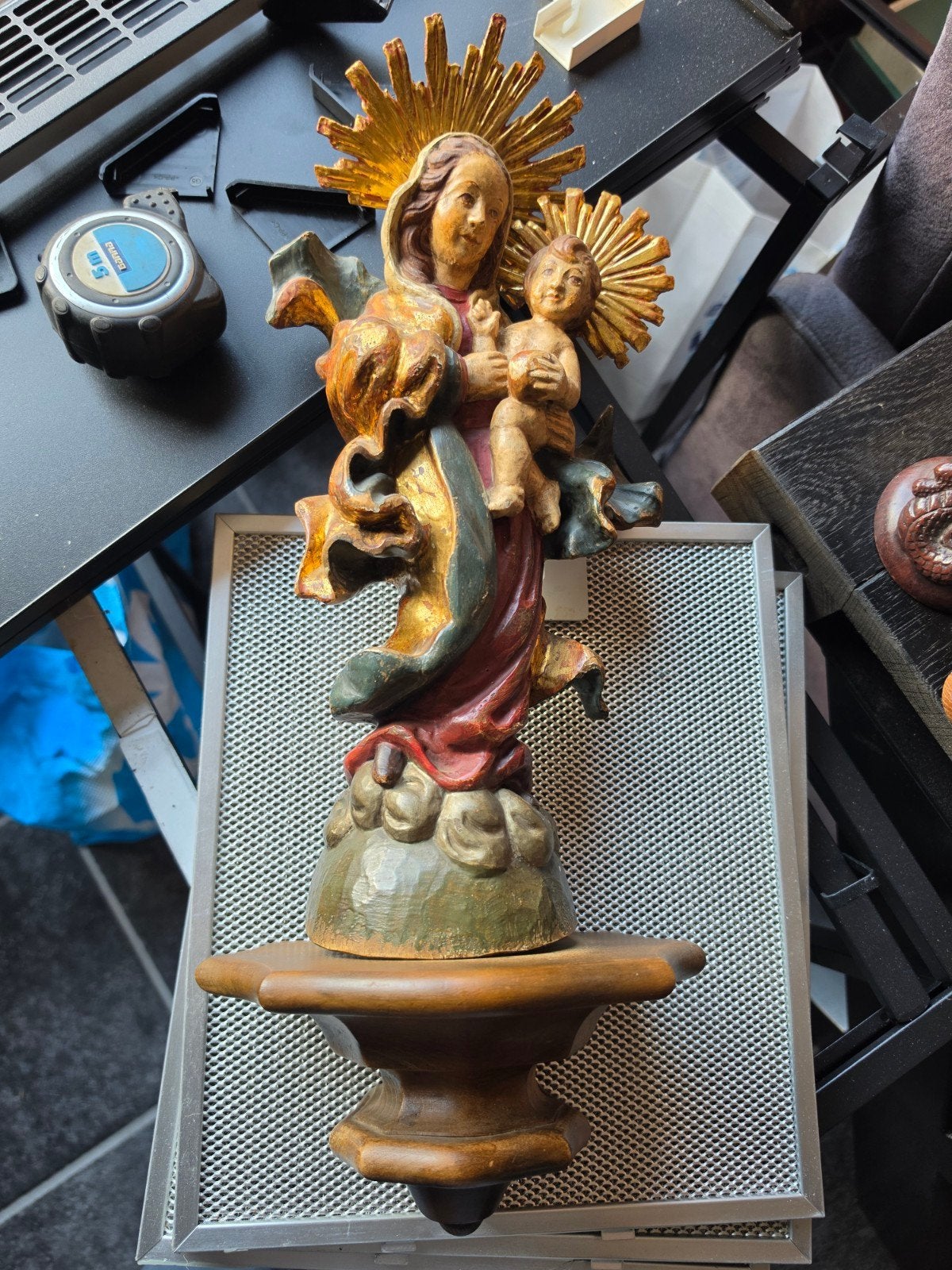 Antiek Mariabeeld met kindje Jezus, handgesneden, Antiek en Kunst, Ophalen of Verzenden
