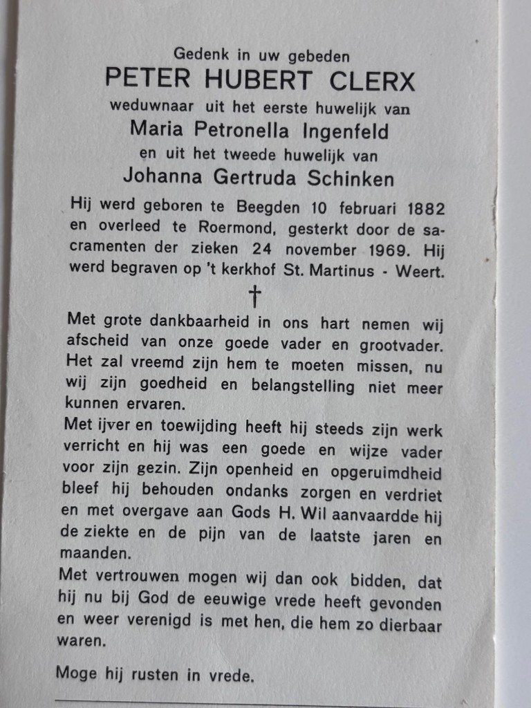 Peter Hubert Clerx 1882 Beegden 1969 Roermond, Ophalen of Verzenden