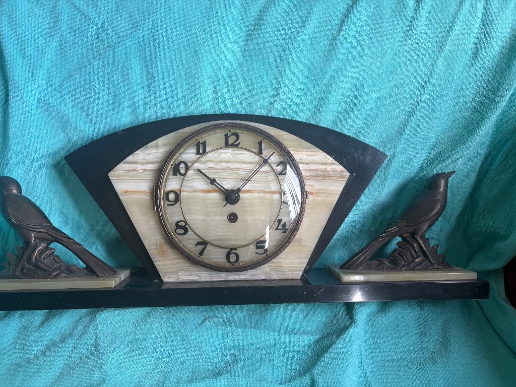 Franse Art Deco tafelklok – 1920 – steen brons – met vogels, Ophalen