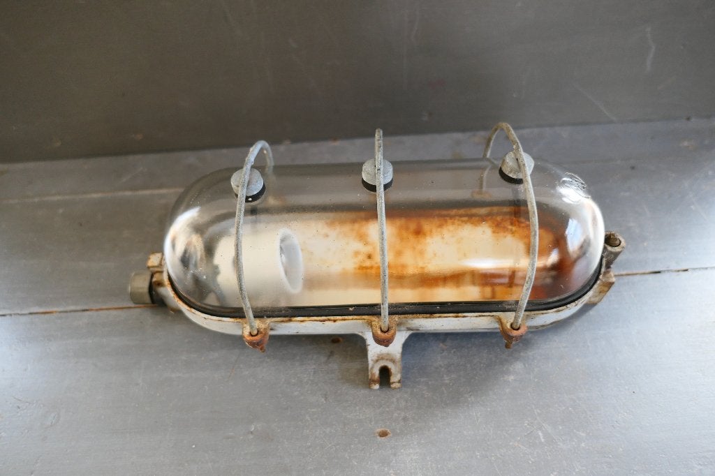 Vintage Gietijzeren kooilamp Industria Rotterdam Bully, Verzenden, Gebruikt, Glas, E27 (groot)