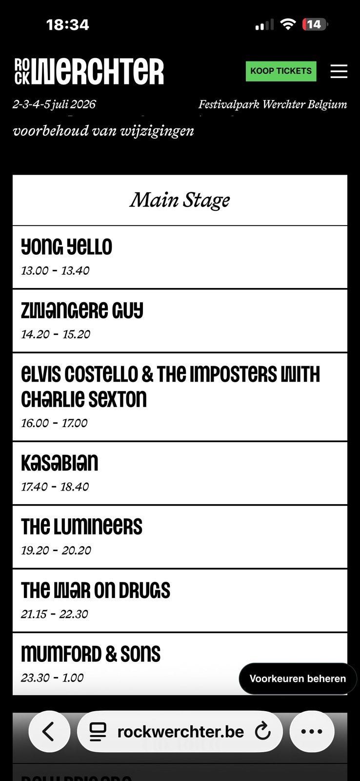 2 kaarten voor Rock Werchter 2 juli DONDERDAG, Twee personen
