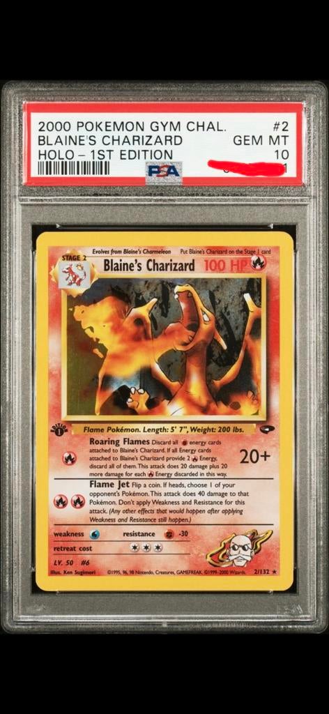 Blaine's Charizard Holo 1st Edition PSA 10, Ophalen, Nieuw, Losse kaart, Foil