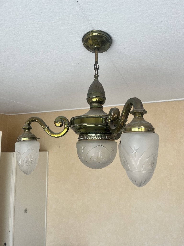 Hanglamp met 3 glazen kappen en centrale bol, Ophalen, Gebruikt, E27 (groot), Glas