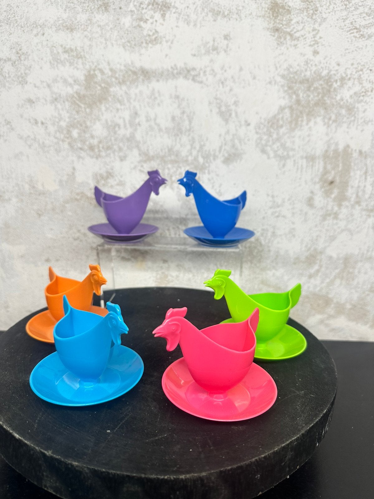 Set van 6 retro kippen eierdopjes – Sonja Plastic (Neon), Antiek en Kunst, Curiosa en Brocante, Verzenden