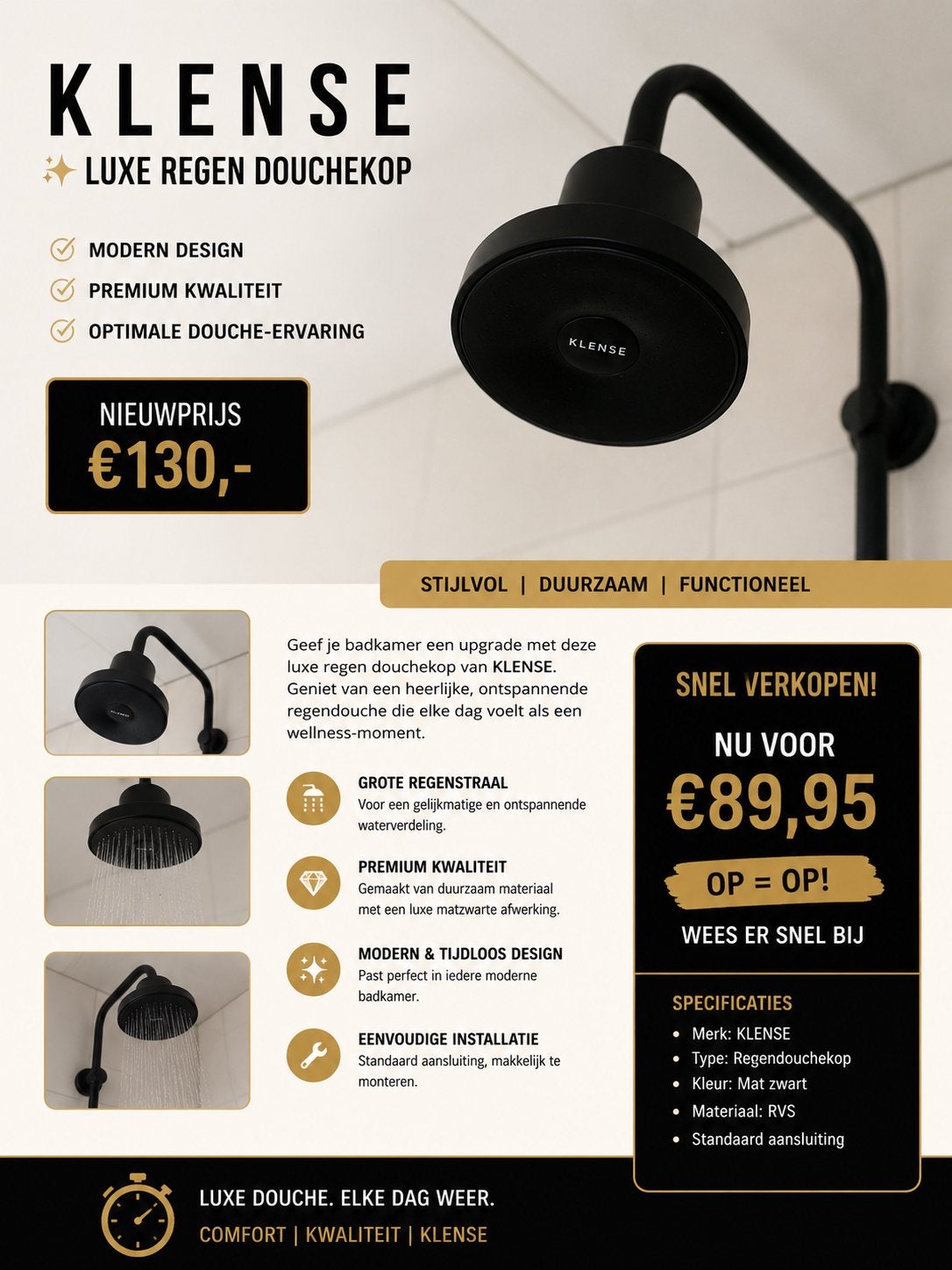 Klense Regendouchekop - Mat Zwart / Nieuw, Ophalen of Verzenden, Nieuw, Zwart