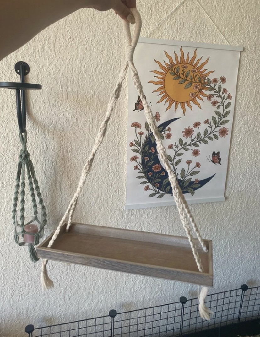 Nieuw plankje met macramé om op te hangen (42x13 cm), Hout, Beige, Boho, Nieuw