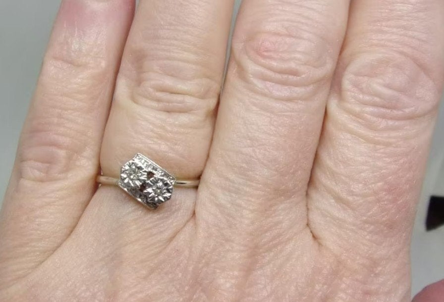 Antieke Art Deco ring goud en platina met diamant (0,10 ct), Verzenden, Goud, Ring, Met edelsteen