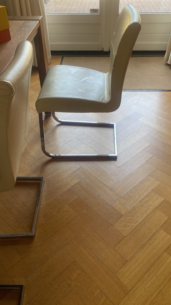 6 Effezeta eetkamerstoelen – Italiaans design, leer, chroom, Huis en Inrichting, Ophalen, Gebruikt, Overige kleuren, Italiaans, modern