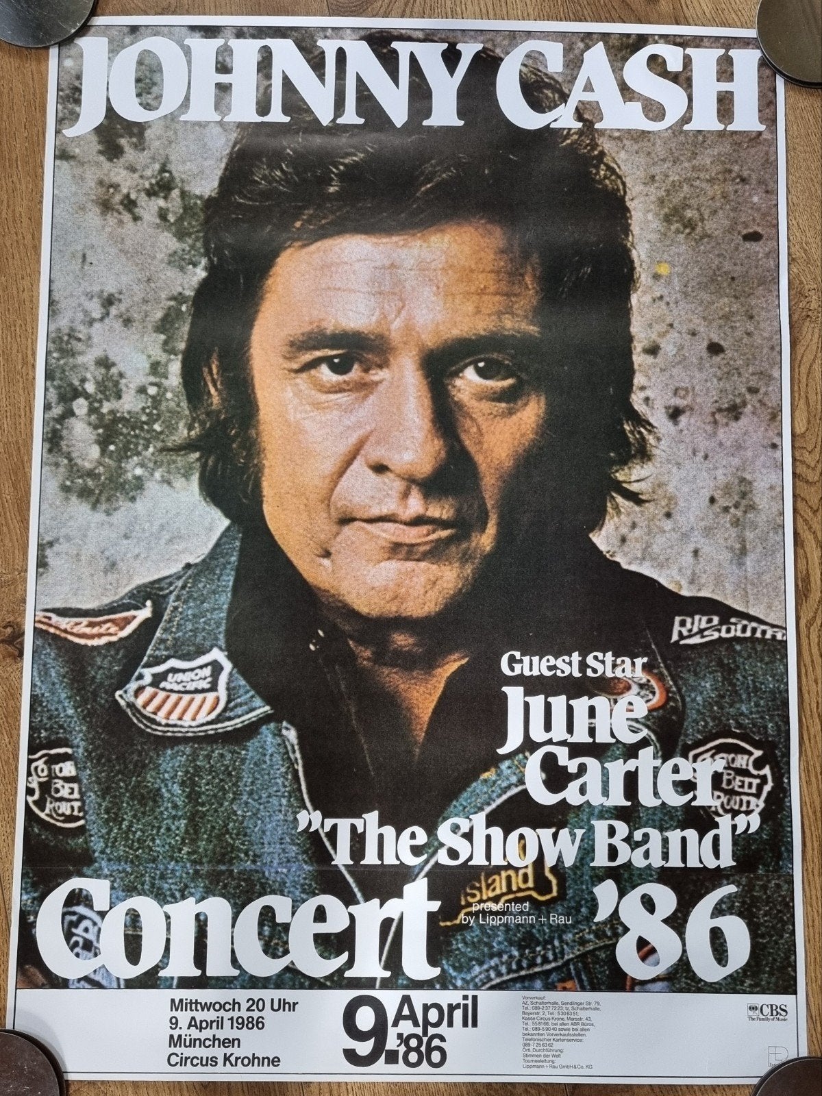 Johnny Cash vintage concertposter München 9 april 1986., Ophalen of Verzenden, Zo goed als nieuw, A1 t/m A3, Rechthoekig Staand
