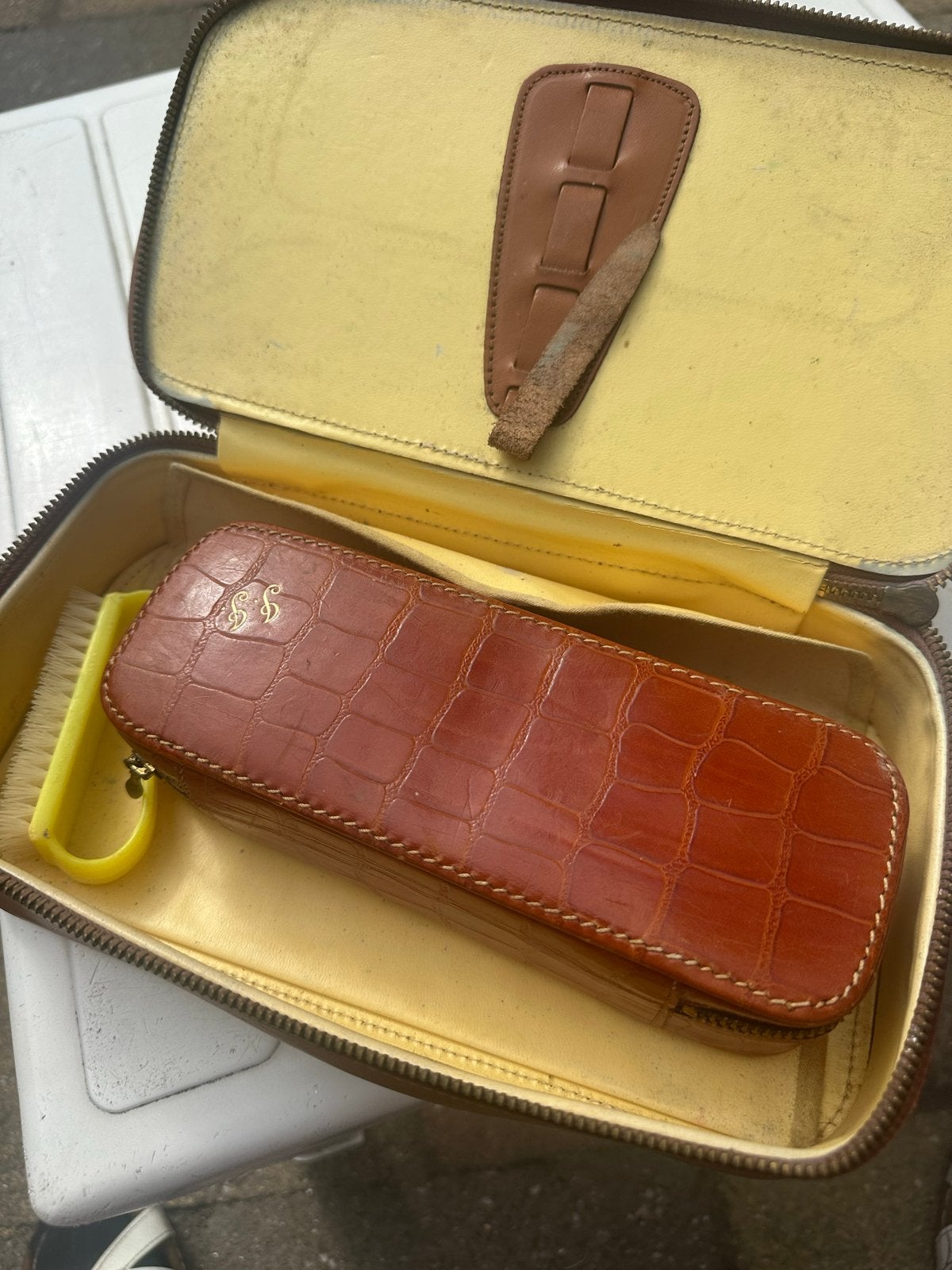 Bruin leren schoenpoets etui, Ophalen of Verzenden