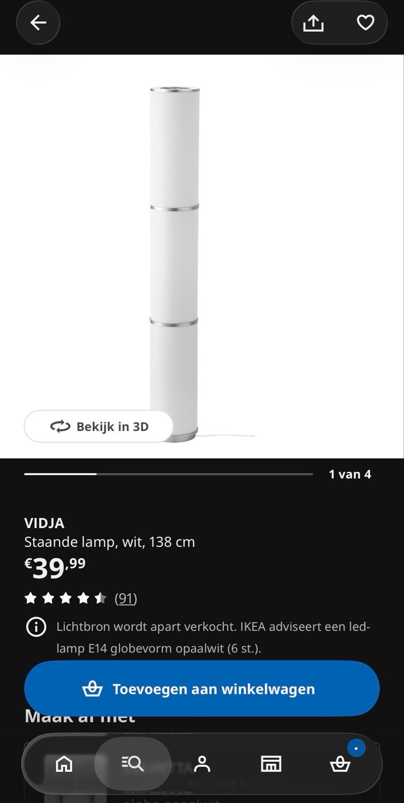 IKEA VIDJA Staande lamp, wit, 138 cm, Ophalen, E14 (klein), Zo goed als nieuw, 100 tot 150 cm