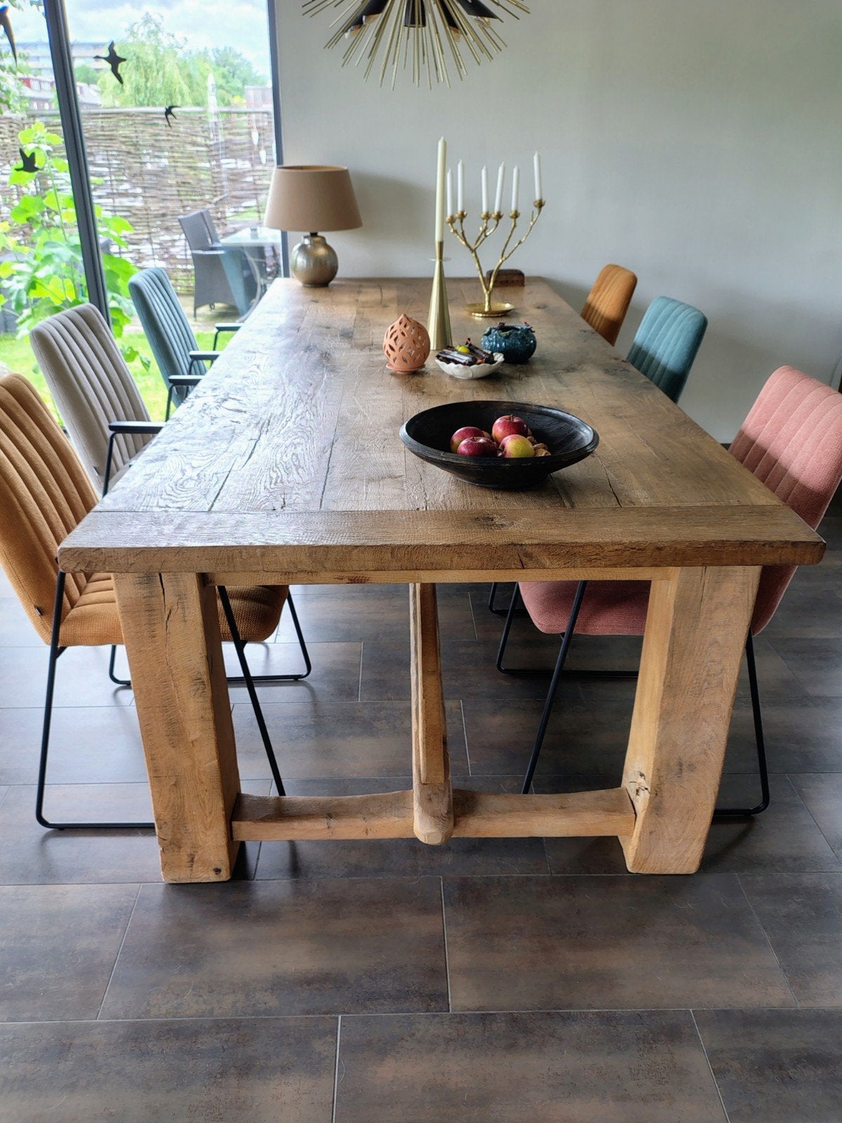 Robuuste eikenhouten eettafel - 280x116x79 cm, Huis en Inrichting, Tafels | Eettafels, Ophalen, Gebruikt, 100 tot 150 cm, Eikenhout