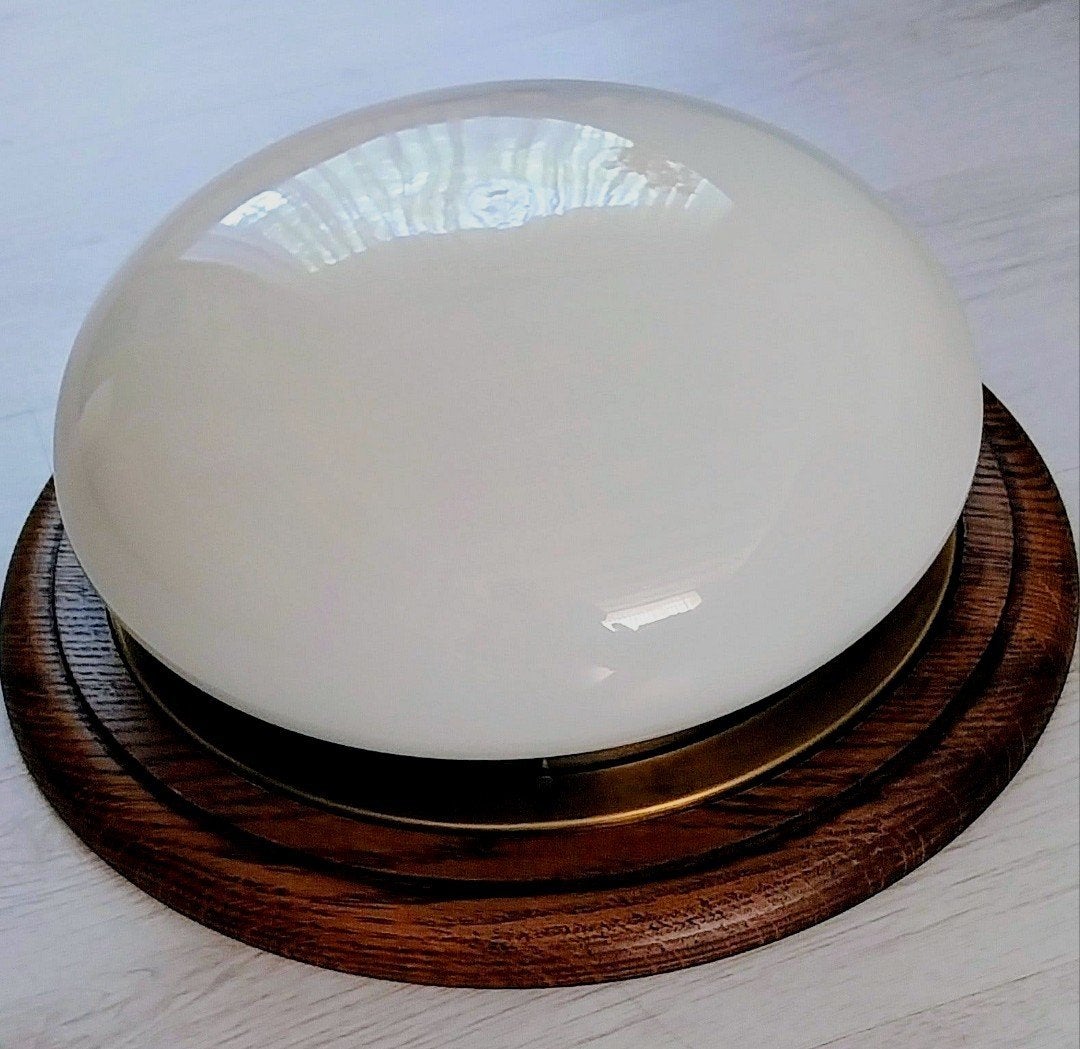 Plafondlamp met houten rand en opalen glazen kap, Wit, Overige merken, Zo goed als nieuw, Hout