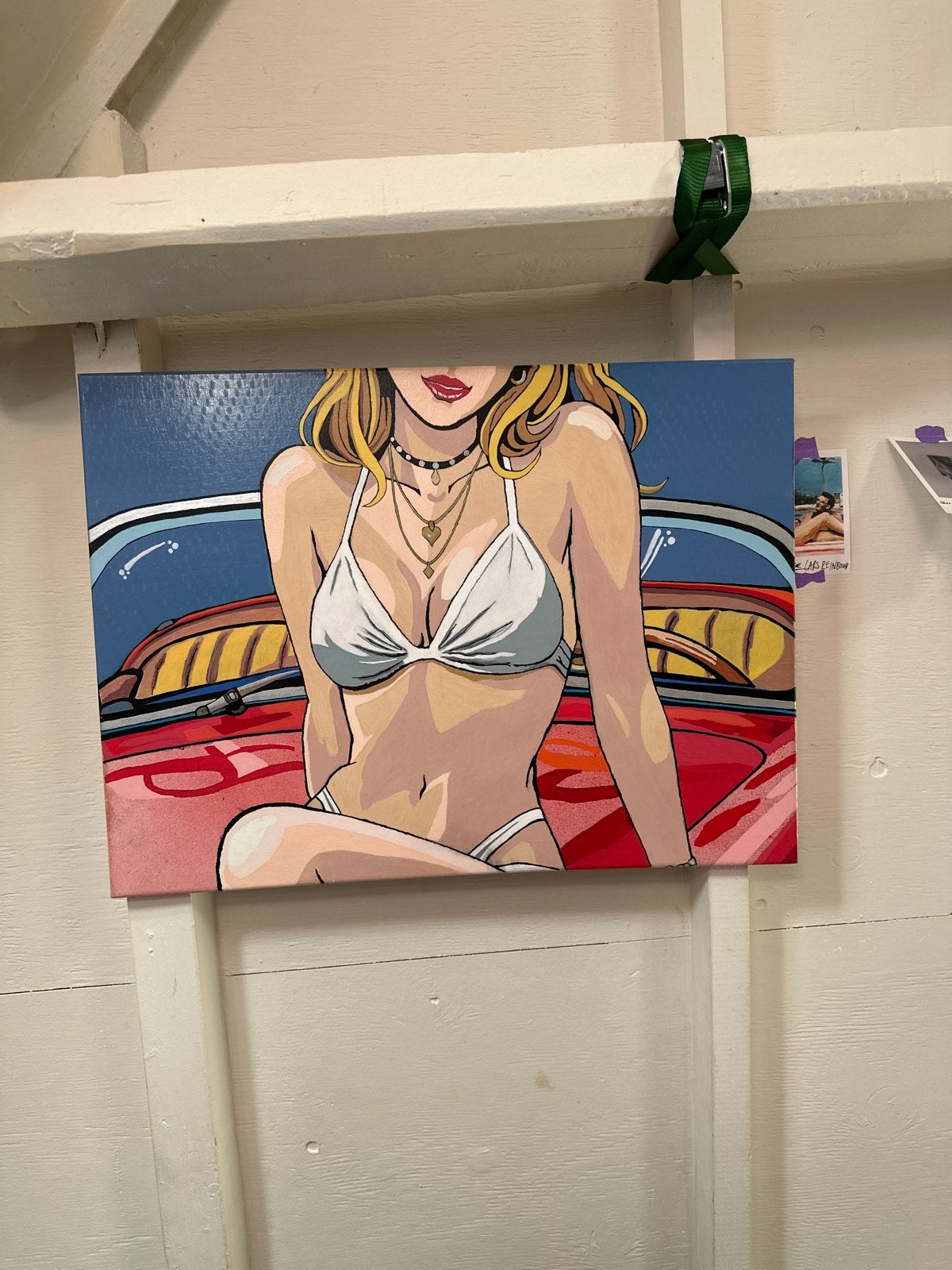 Pop Art Schilderij: Vrouw in Bikini bij Auto (75x55cm), Ophalen, Handgeschilderd, Textiel, Figuren