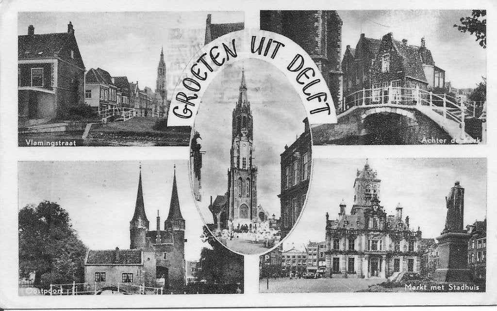 Oude ansichtkaart Delft - Groeten uit Delft 1954, Ophalen of Verzenden, 1940 tot 1960, Gelopen, Zuid-Holland