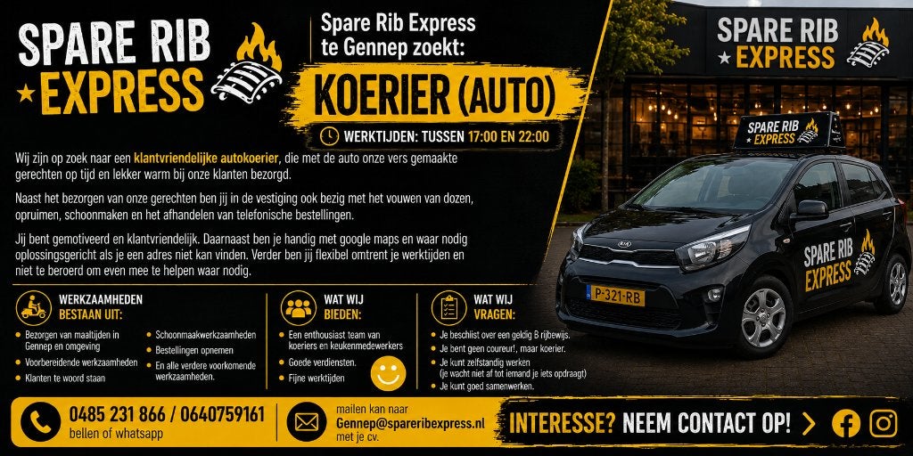 Vacatures auto koerier Spare Rib Express Gennep, Starter, Overige niveaus, Tot en met 24 uur, Geschikt als bijbaan