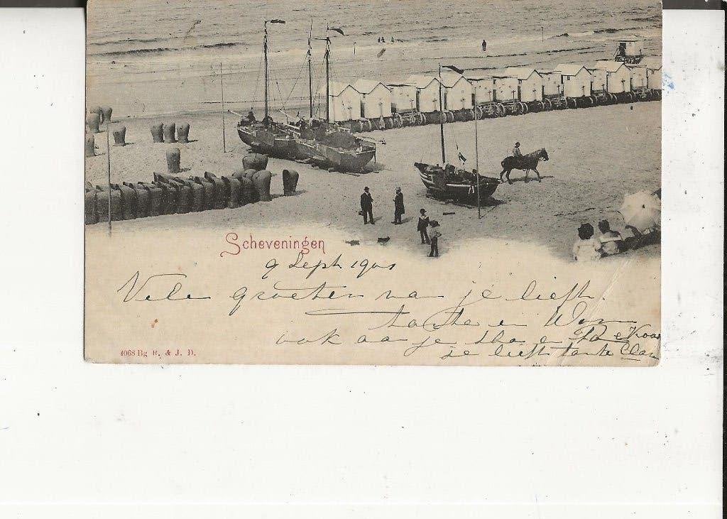 Scheveningen Panorama badkoetsjes en bomschuiten 10 sept 01, Ophalen of Verzenden, Voor 1920, Gelopen, Zuid-Holland