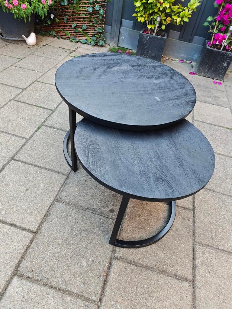 Zwarte mango houten salontafels (set van 2), Gebruikt, 50 tot 100 cm, Modern, Industrieel, Rond