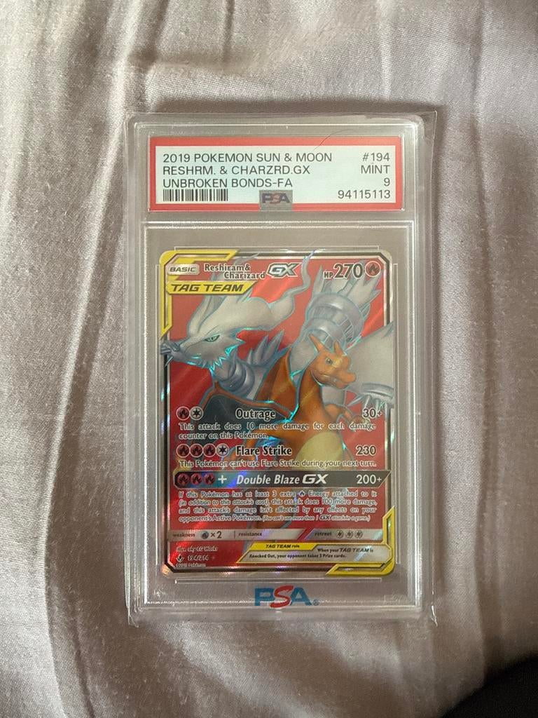 Reshiram & Charizard GX Tag Team 194 PSA 9, Ophalen of Verzenden
