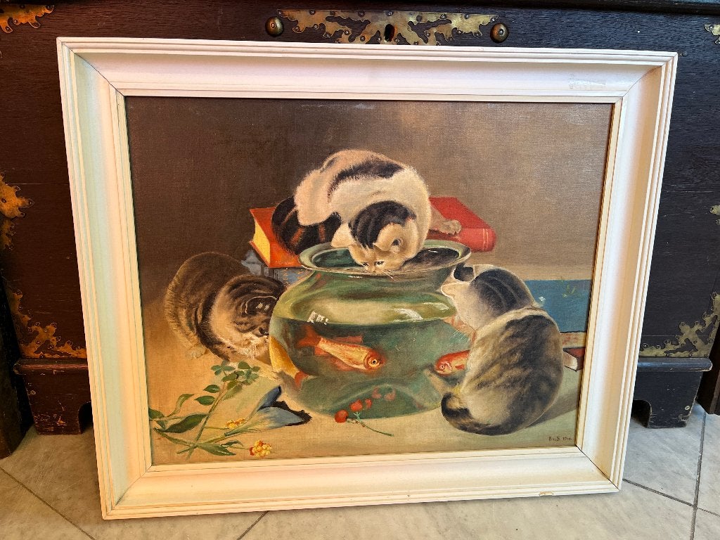 Vintage schilderij: Katten bij vissenkom, gesigneerd, 1956, Antiek en Kunst, Ophalen