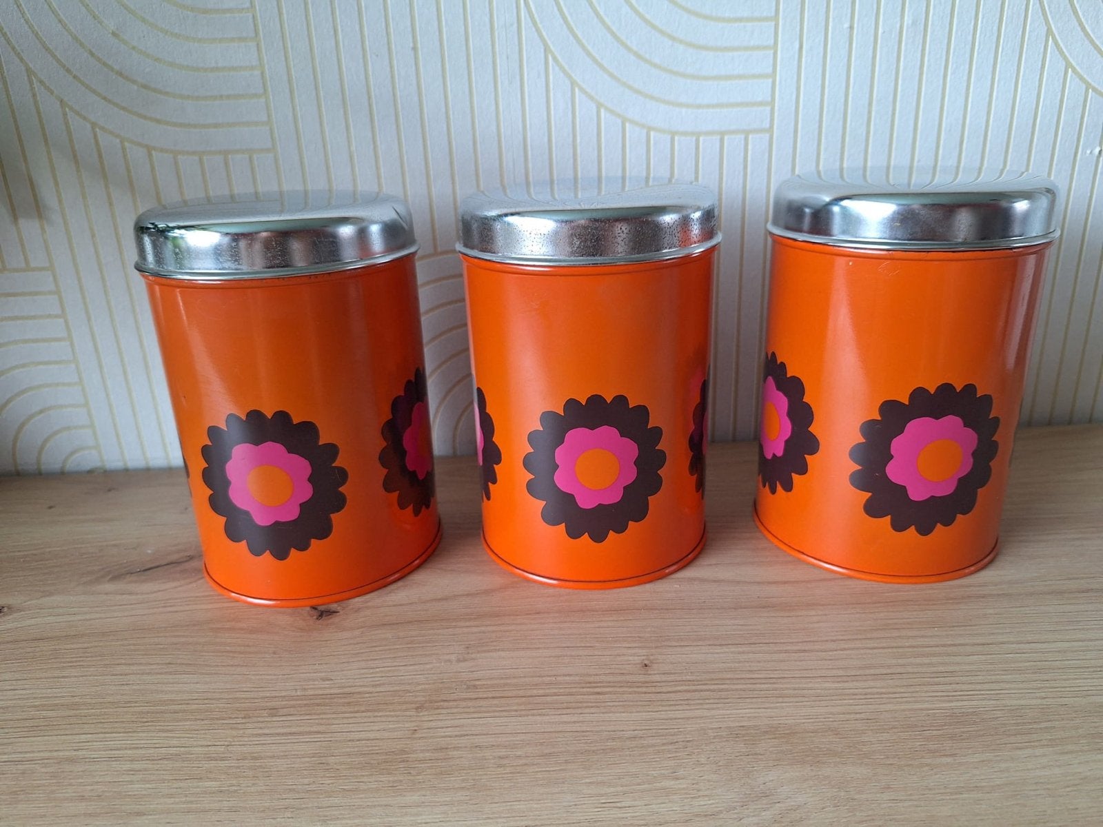 Set van 3 Brabantia blikken met retro bloemmotief, Verzamelen, Blikken, Ophalen of Verzenden, Gebruikt, Koek(jes), Overige merken