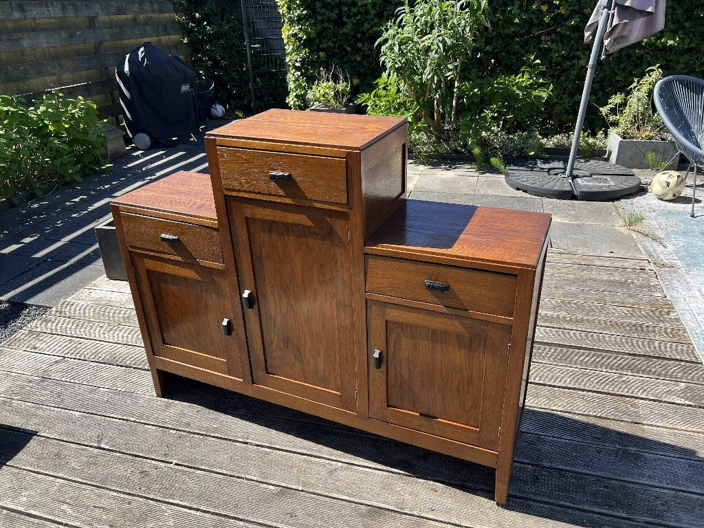 Haagse / Amsterdamse school art deco dressoir kast laden, Ophalen, Gebruikt, 100 tot 150 cm, Eikenhout