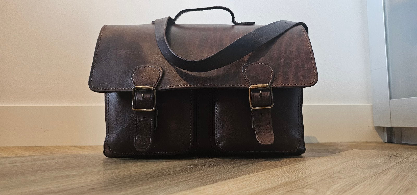Ruitertassen leren aktetas, 3 gr vakken A4/laptop roodbruin, Ophalen of Verzenden, 15 inch, Aktetas