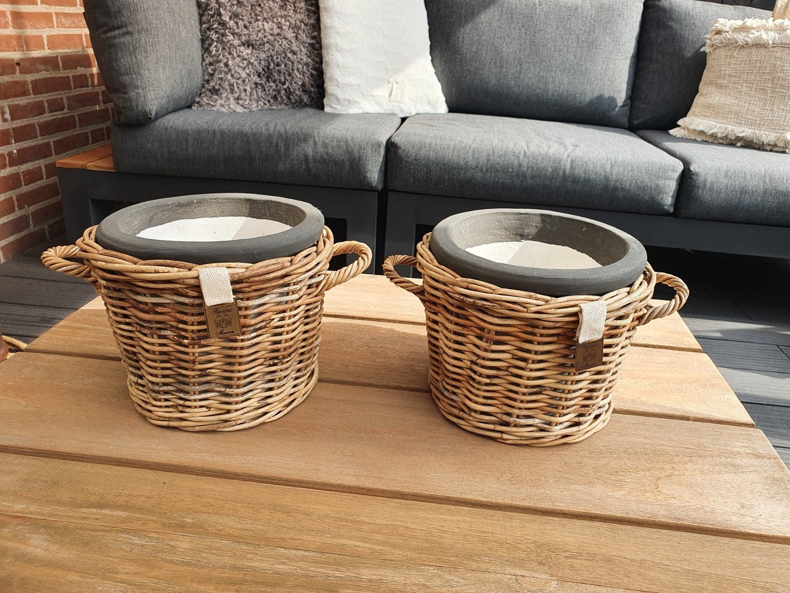 Riviera Maison Rattan Bloempotten - Set van 2, Tuin en Terras, Bloempotten, Ophalen, Overige materialen, Rond, Zo goed als nieuw