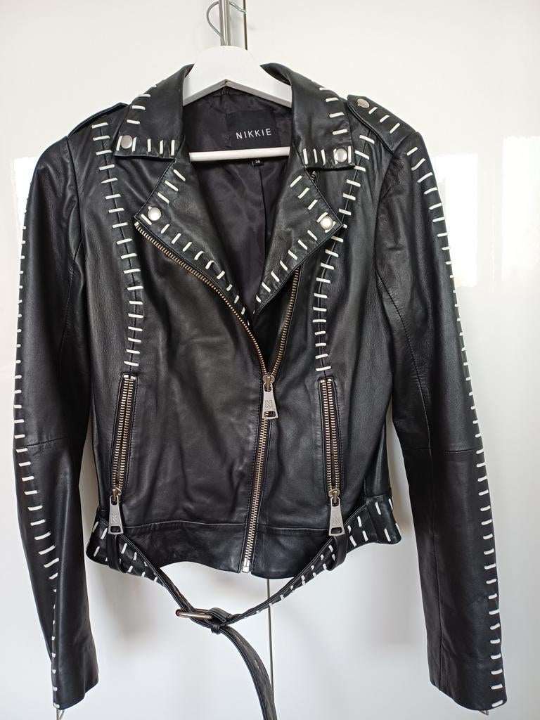 Nikkie lamsleren biker jack, Maat 38/40 (M), Zwart, Ophalen of Verzenden, Zo goed als nieuw