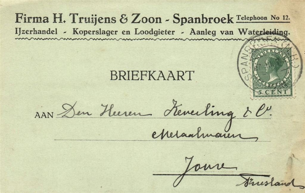 Firma H. Truijens + Zoon, Spanbroek - 03.1928 - briefkaart, Ophalen of Verzenden, Briefkaart