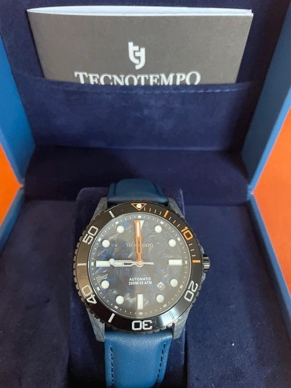 Tecnotempo Automatic Forged Carbon Blauw 200M, Overige merken, Leer, Staal, Polshorloge