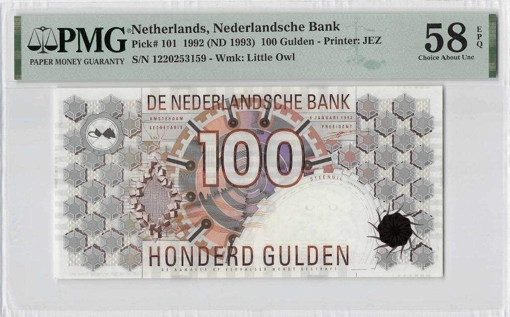 Vrijwel UNC biljet 100 gulden Steenuil, 1992 | PMG 58 EPQ, Ophalen of Verzenden, 100 gulden