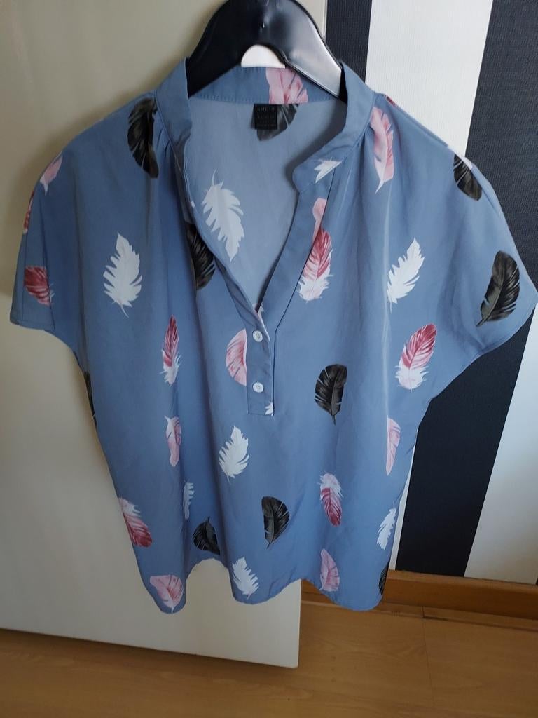 Shein zomer blouse met verenprint, Maat 38/40 (M), Blauw, Ophalen of Verzenden, Zo goed als nieuw
