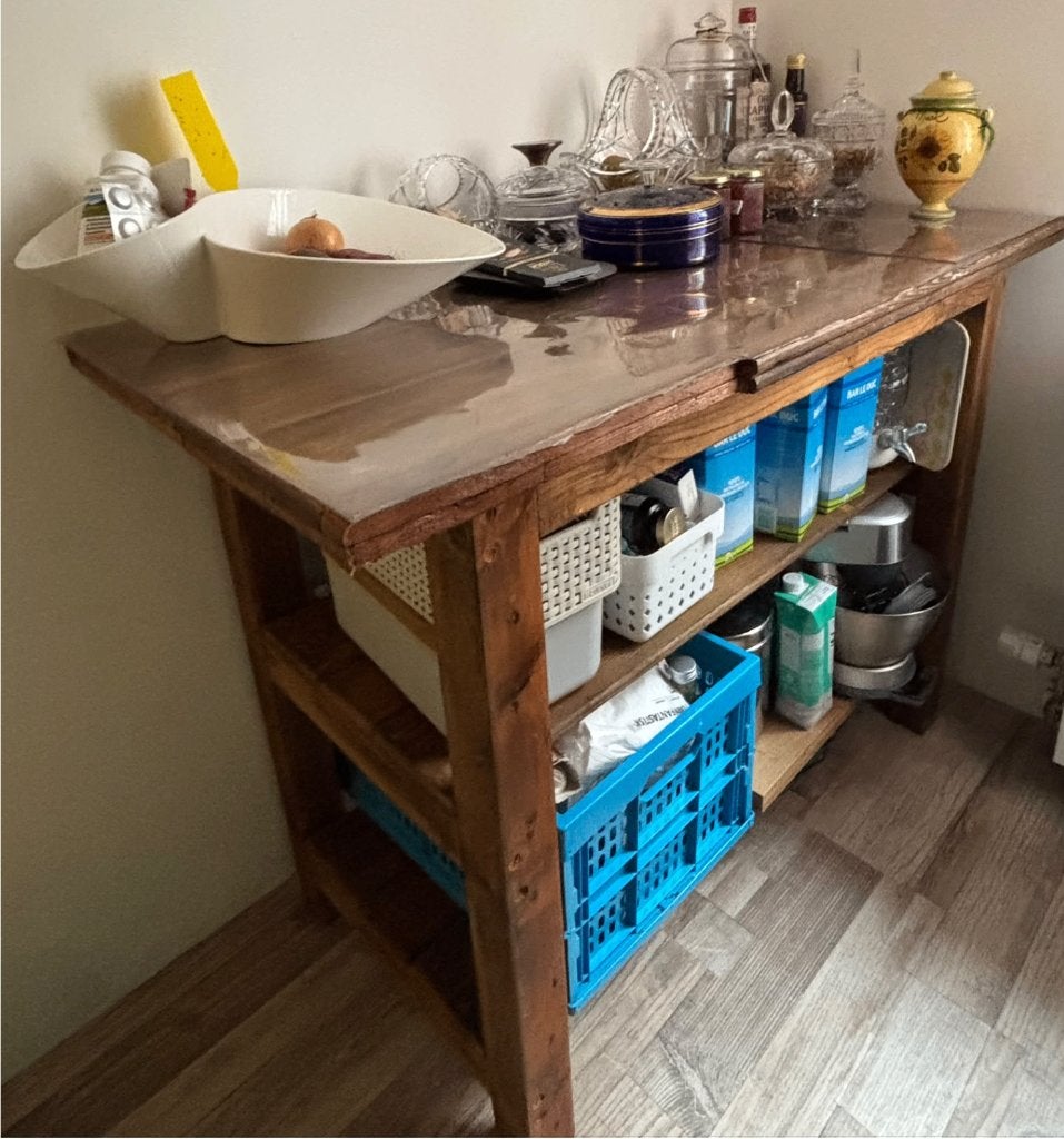 Robuuste houten keukeneiland / hoge bijzettafel met schappen, Ophalen, Hout, Bruin, Overige typen