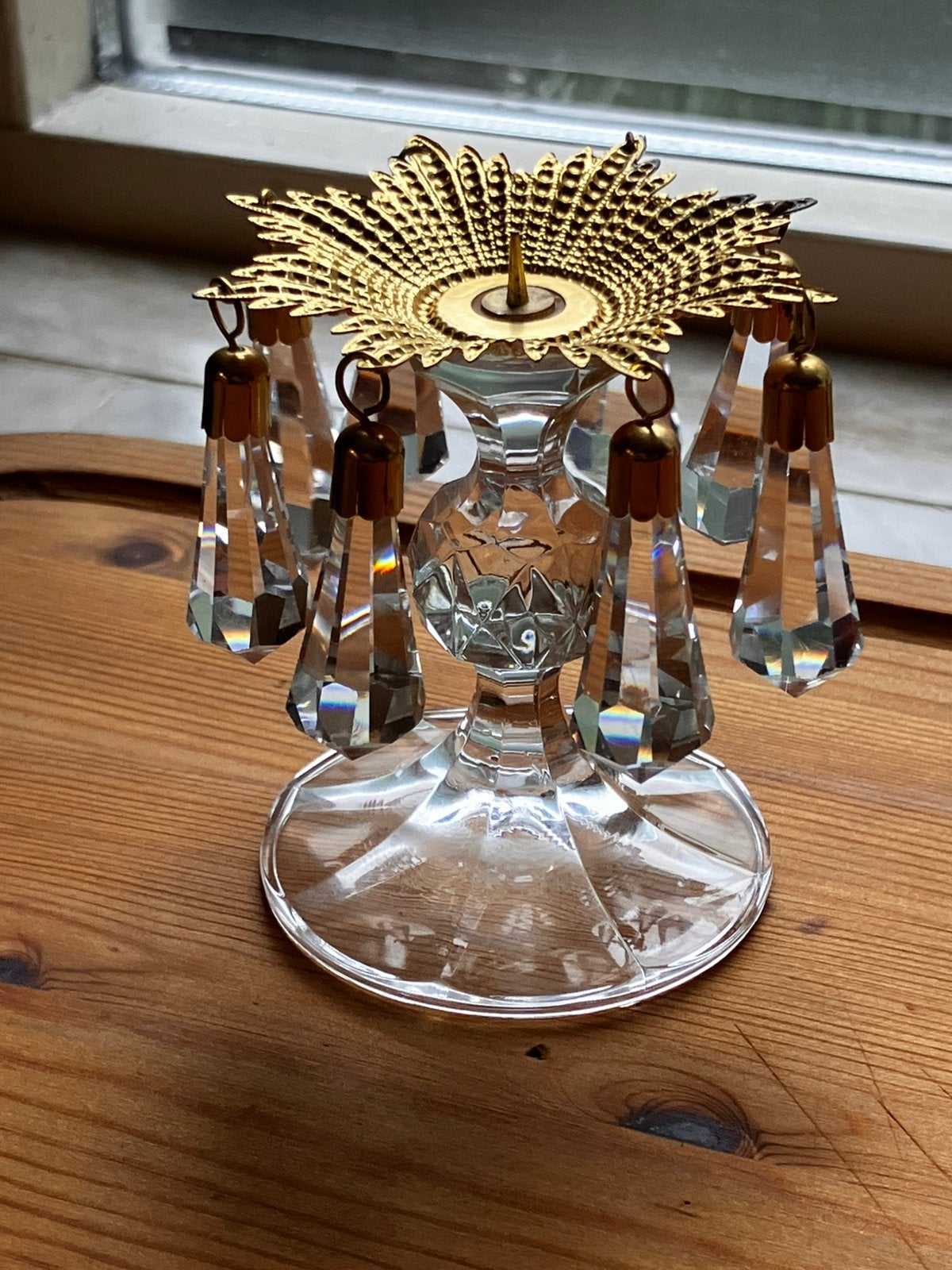 Vintage Mid Century kristallen kandelaar met pegels, Ophalen of Verzenden