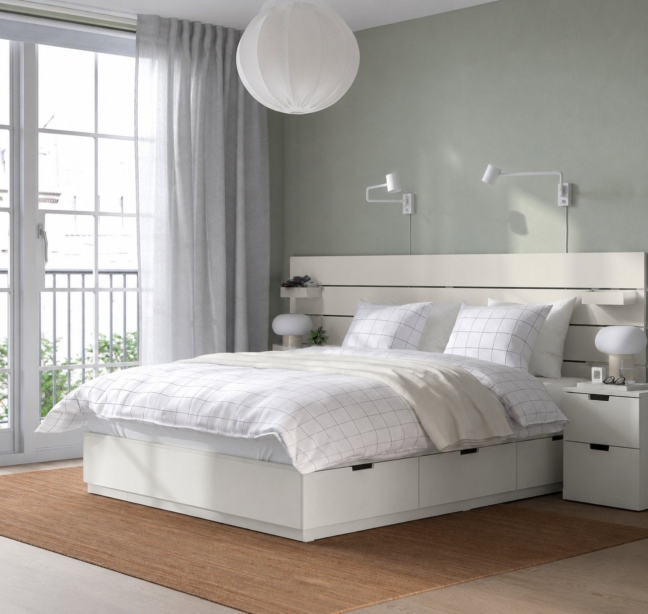 Tweepersoonsbed met opbergruimte en hoofdbord, Ophalen, Wit, Tweepersoons, Zo goed als nieuw