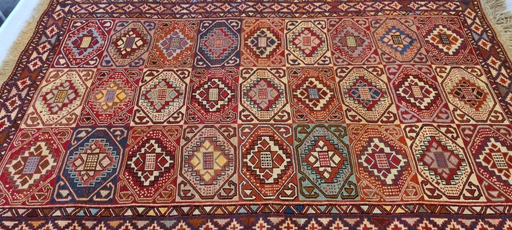 Soumak kelim Perzische tapijt 197 x 125/wandkleed/tafelkleed, 100 tot 150 cm, Www.simatapijten.nl, Nieuw, Ophalen of Verzenden