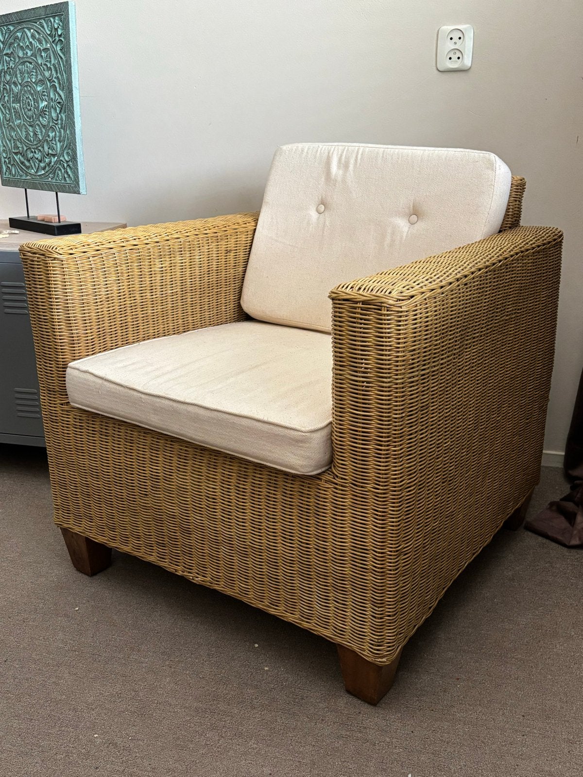 Comfortabele rotan fauteuil met kussens, Huis en Inrichting, Ophalen, Gebruikt, Riet of Rotan, 75 tot 100 cm