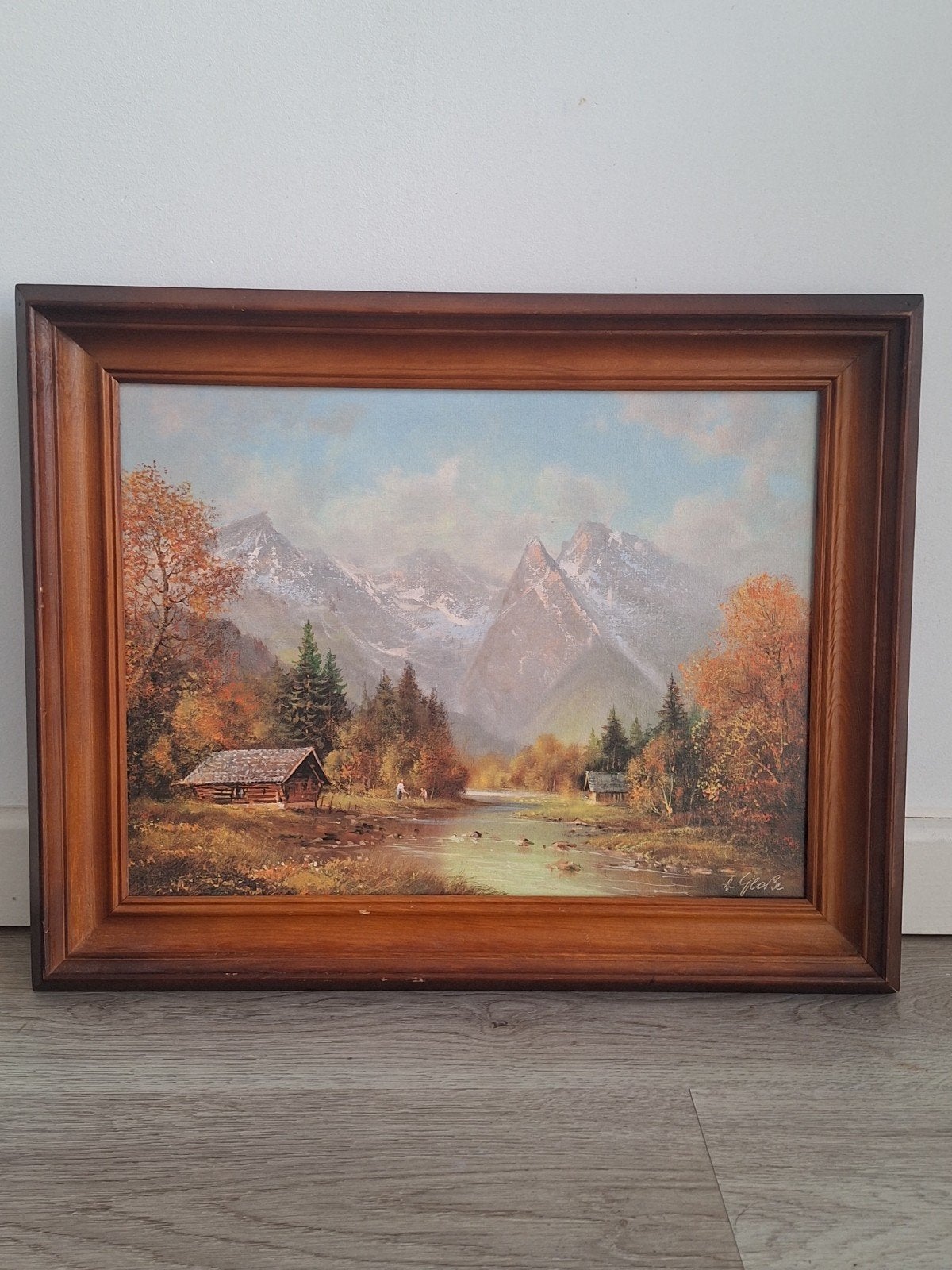 Schilderij berglandschap met hutten en rivier, Ophalen of Verzenden