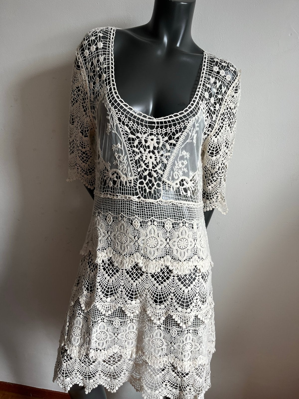 Nieuw Ibiza Boho Kanten Strandjurkje Maat 42 Gebroken Wit, Beige, Maat 42/44 (L), Nieuw, Ophalen of Verzenden
