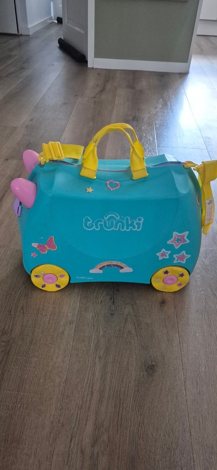 Trunki kinder koffer blauw met wieltjes en trekkoord, Ophalen