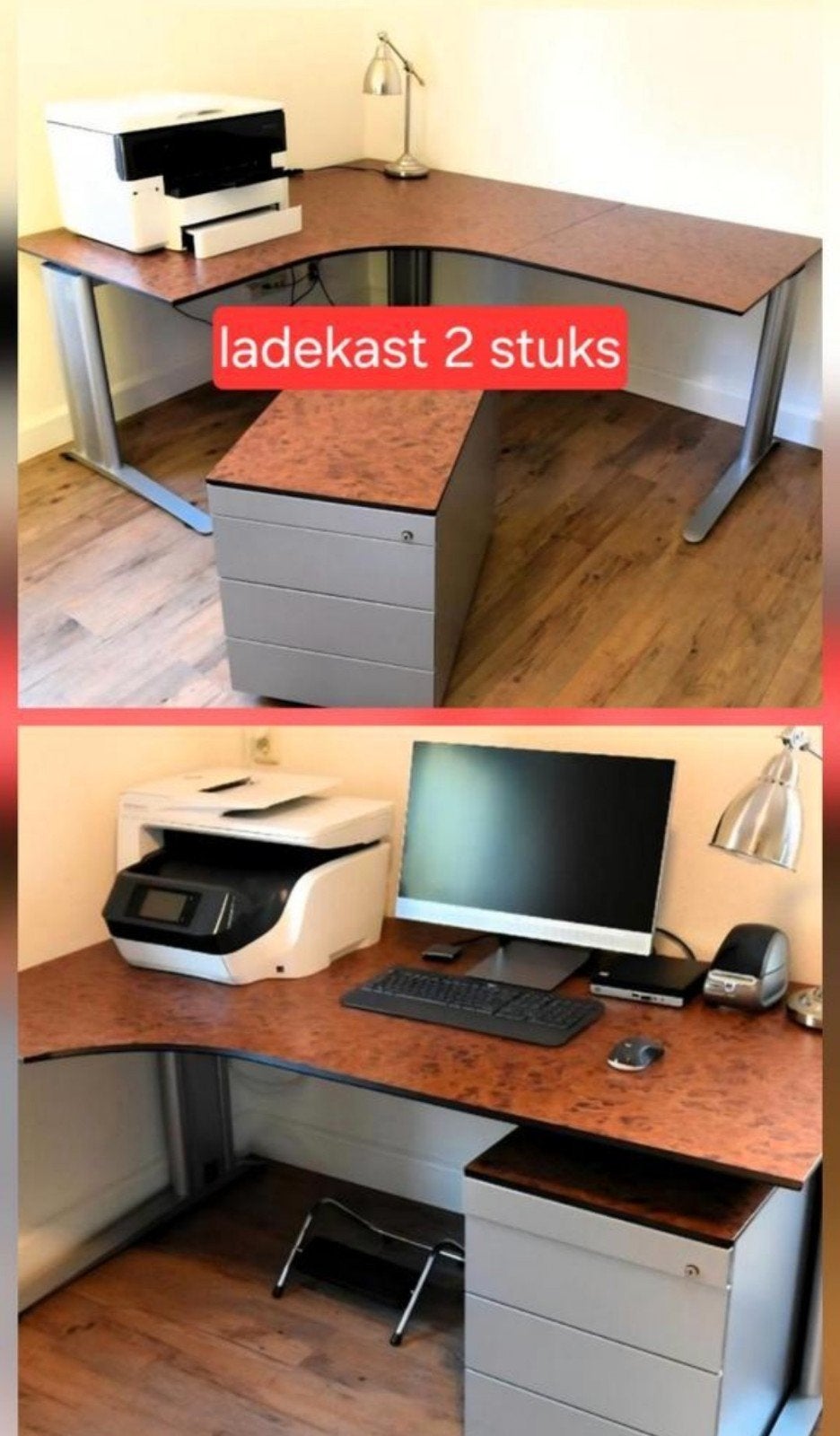 zgan hoekbureau met wortelnotenmotief HPL blad+2ladekasten., Ophalen, Zo goed als nieuw