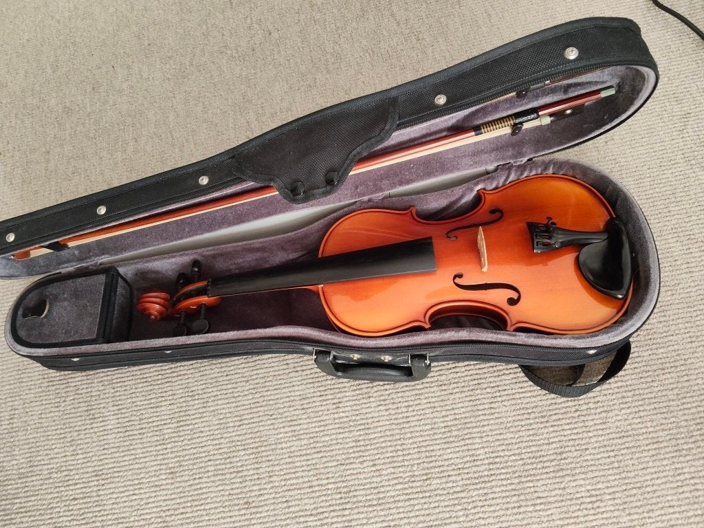 Viool met koffer en twee strijkstokken, Muziek en Instrumenten, Strijkinstrumenten | Violen en Altviolen, Gebruikt, Viool, Ophalen of Verzenden