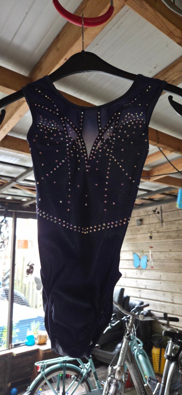 Donkerblauw turnpakje met strass steentjes, Gebruikt, Blauw, Turnpak(je), Kindermaat 122 t/m 140