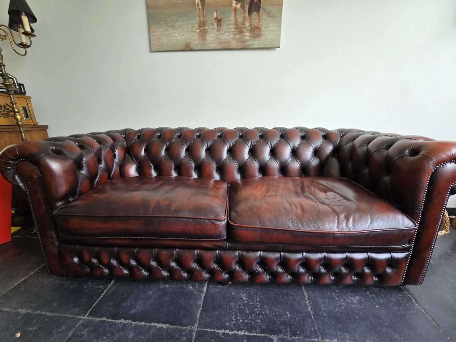 ORIGINELE Chesterfield 2-zits + 3-zits banken in bruin leer, Ophalen, Gebruikt, 150 tot 200 cm, Tweepersoons