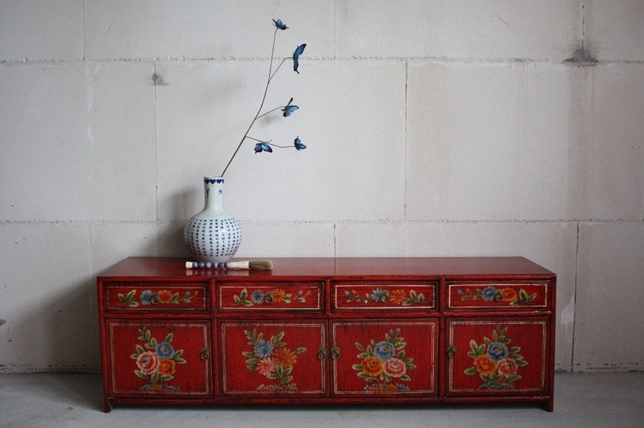 Kleurrijke Chinese Kast Unieke Beschilderde Bloemen Dressoir, Kleurrijk Uniek Boho Landelijk Vintage Style Werelds Bohemian, 150 tot 200 cm