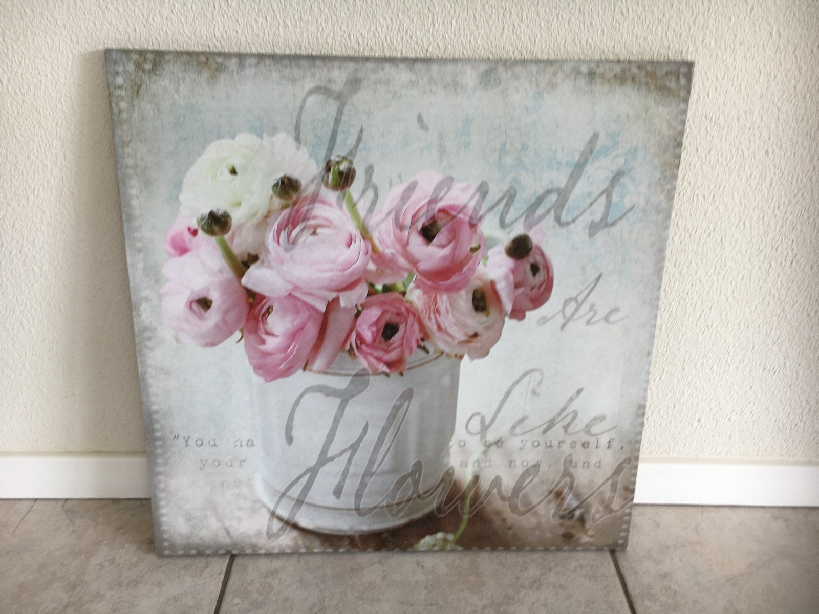 Schilderij canvasdoek 50x50 pioenroos Frends are the flowers, Ophalen of Verzenden, Zo goed als nieuw, Schilderij