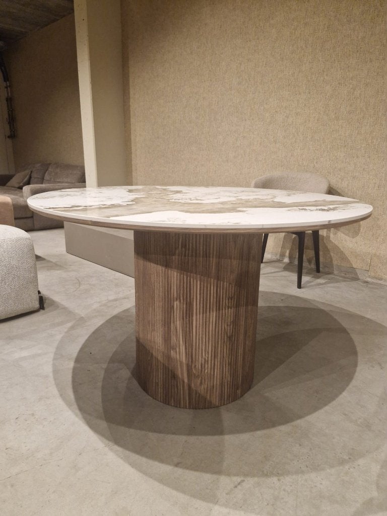 Ronde eettafel - 120cm - marmerlook blad - ronde houten poot, Huis en Inrichting, Ophalen, ., Rond, Nieuw
