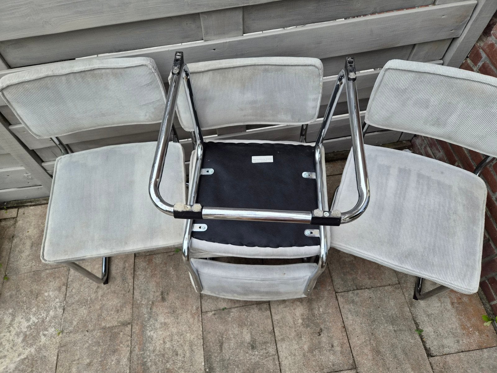 Set van 4 stoelen - antraciet ribstof en chroom en ribstof, Ophalen, Grijs, Retro, Industrieel, Gebruikt